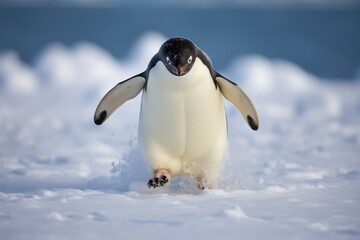 Obraz premium Solitary Penguin's March on a Crisp Antarctic Day - Embracing the Chill of the Wild. Generative AI