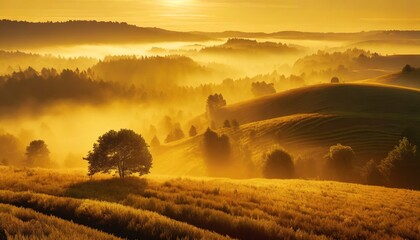 Rzędy wzgórz i drzew pokryte żółtą mgłą podświetloną promieniami wschodzącego słońca. 