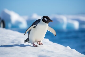 Obraz premium Solitary Penguin's March on a Crisp Antarctic Day - Embracing the Chill of the Wild. Generative AI