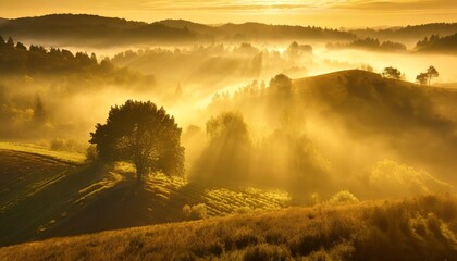 Rzędy wzgórz i drzew pokryte żółtą mgłą podświetloną promieniami wschodzącego słońca. 
