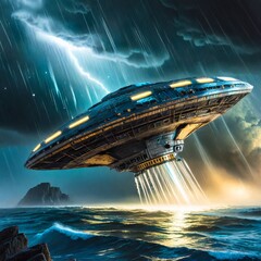 A spaceship, a UFO, landing in the middle of the ocean during a lightning storm