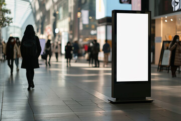 Blank Clean Screen or Signboard Mockup in Public Area: Perfect for Offers or Advertisement with People Walking By Created with generative AI tools