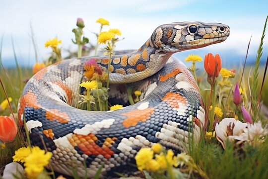 python in a patch of wildflowers