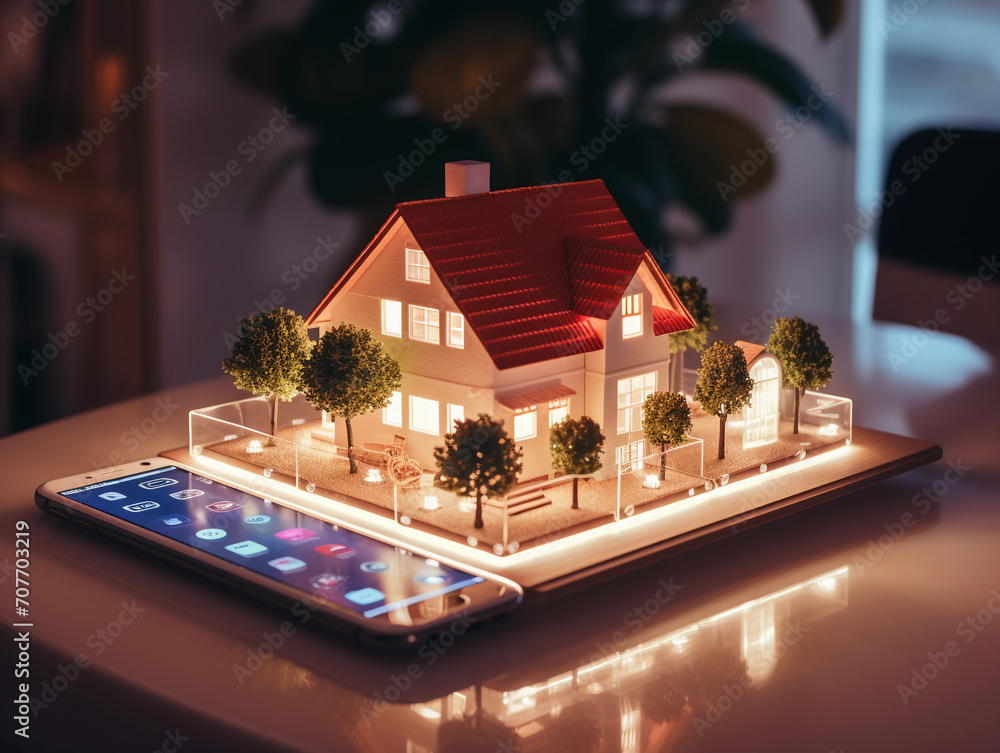 Aufkleber the screen of a smartphone displays a miniature model of a small house with icons representing vario