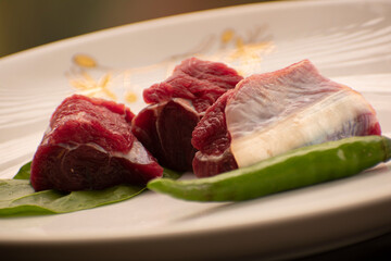 Beef with green chili, cow front leg side Ragout, Raw Cow Ragout - Wild Game Meat on White Background