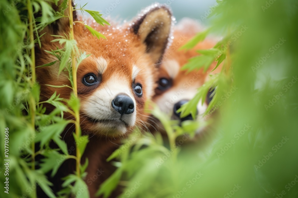 Poster close-up of red pandas face peering out from foliage