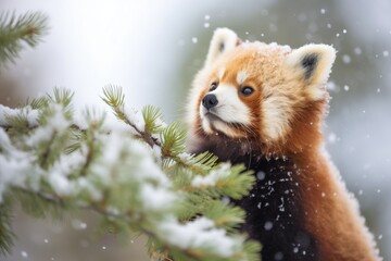 snow-covered red panda on pine