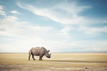 Zelfklevend Fotobehang wide-angle shot of rhino in vast open landscape © Natalia