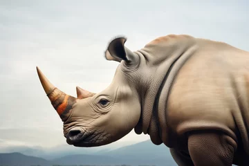 Fotobehang side profile of a rhino with mountain backdrop © Natalia
