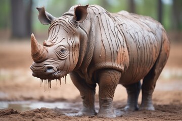 Fototapeta premium mud-covered rhino cooling off near waterhole