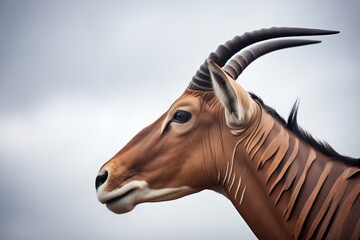 profile of a roan antelope with stormy skies behind