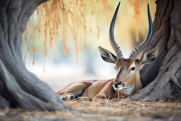 roan antelope resting under an acacia tree
