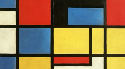 Abstract geometric art background featuring vibrant primary colors: blue, yellow, red, white, and black