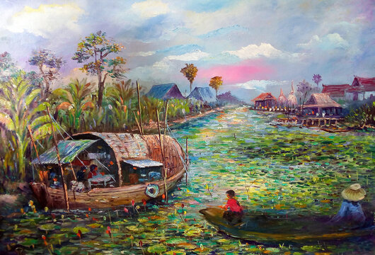 Original Oil painting Fine art Thailand Countryside	