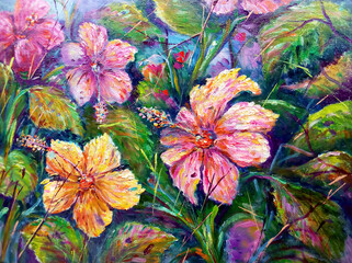 Original art painting Oil color petal  Hibiscus rosa-sinensis flower thailand	