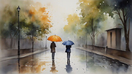 The back of two people walking in the rain with umbrellas. illustration in watercolor style. Generative Ai