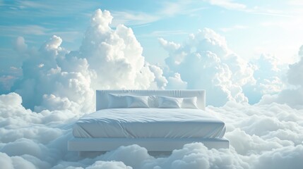 A white bed is made with white bedding against a background of clouds - obrazy, fototapety, plakaty