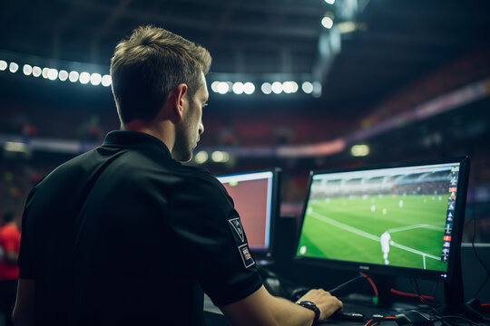 A referee consulting VAR (Video Assistant Referee) during a decisive European Championship match, illustrating the integration of technology in football