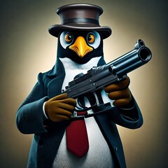 illustration of a ganster mob boss penguin with a gun