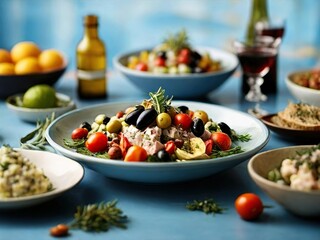Mediterranean cuisine ingredients. A close-up of colorful fruits, vegetables, and herbs from the Mediterranean region.