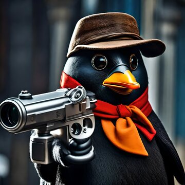 illustration of a ganster mob boss penguin with a gun