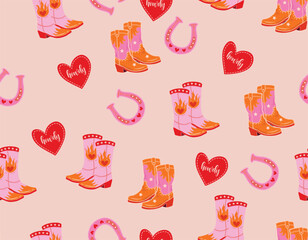 Cute Cowgirl  seamless vector pattern. Howdy Cowboy boots, hat, horseshoe repeating background. Wild West surface - 707704817