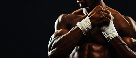 Afro American boxer is wrapping hands with bandage, isolated on black background. Copy space.