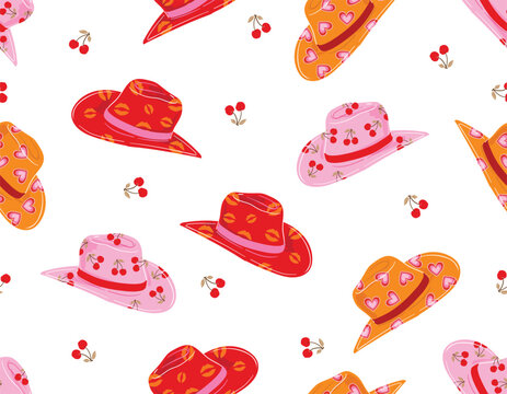 Cute Cowgirl  seamless vector pattern. Howdy Cowboy hats, Cherry repeating background. Wild West surface pattern design