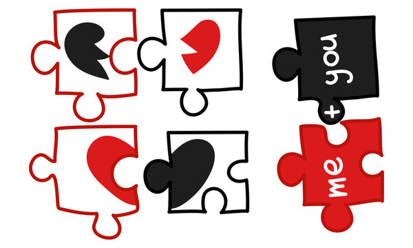 Fototapeta Set of vector illustrations two pieces of a puzzle forming a heart, depicting the idea that love is a matter of two. Insulated in red, black, white colors. hearts, inscriptions, love. Valentine's Day