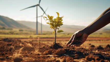 A sapling takes root in the soil against the backdrop of wind turbines, illustrating the synergy between reforestation and renewable energy for a sustainable future. - obrazy, fototapety, plakaty