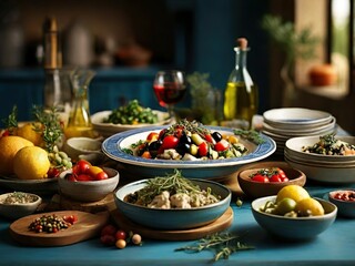 olives and oil in a restaurant. Mediterranean cuisine ingredients. A close-up of colorful fruits, vegetables, and herbs from the Mediterranean region.