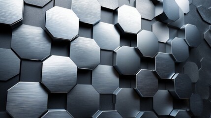 An array of interlocking hexagons in shades of cool silver and graphite, creating a sleek and futuristic pattern. Generative AI