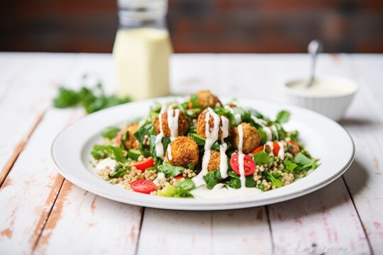 tabouli on a plate with falafel balls and tahini sauce drizzle