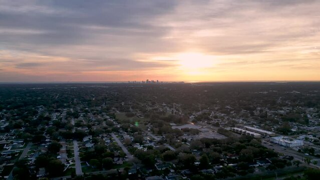 4k drone footage of the sun rising over a residential area of St Petersburg, Florida, USA