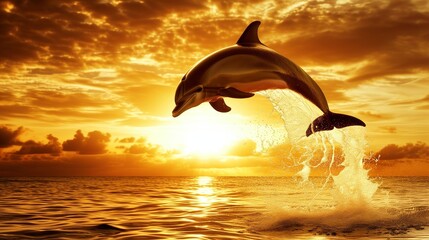 A playful dolphin leaping gracefully from the ocean's surface, sparkling droplets of water cascading around it. Generative AI