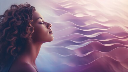 Serene woman with curly hair against a backdrop of abstract, flowing waves in a purple color scheme.