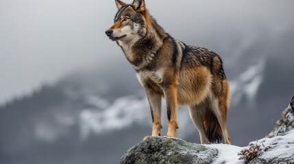 Fototapeta premium A lone wolf standing on a snowy ridge, its fur ruffled by the cold wind, an expansive winter forest stretching out behind it. Generative AI