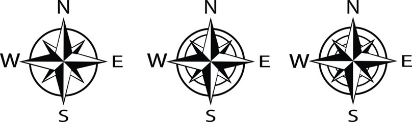 Fototapeta premium Compass icons vector set isolated on transparent background. Compass symbol. Wind rose sign. North, South, East, West. Vector, Wind Rose Compass Navigation Icon, travel symbol, silhouette flat vector.