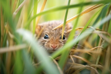 vole foraging near nest in tall grasses