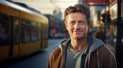 Fototapeta premium Friendly looking young male beneath a Tram