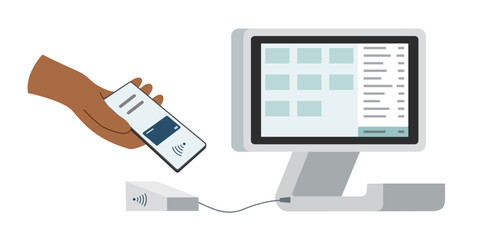 Payment terminal and hand with phone. Contactless payment concept. Online payment.