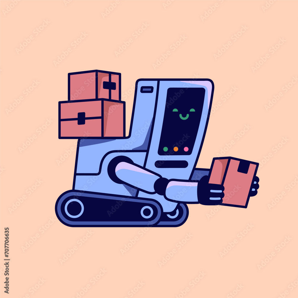 Poster robot courier carries packages. cyborg deliver transfers boxes. online delivery service sends orders