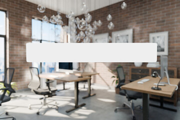 transparent text box in front of modern minimalistic pc workspace in luxurious loft office and...