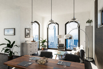 luxurious loft apartment with floor-to-ceiling windows and panoramic view; modern minimalistic interior design of living room and dining room area; bright daylight; 3D rendering
