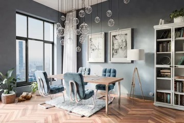 Tapeten luxurious loft apartment with floor-to-ceiling windows and panoramic view  modern minimalistic interior design of dining room area  bright daylight  3D rendering © Imillian