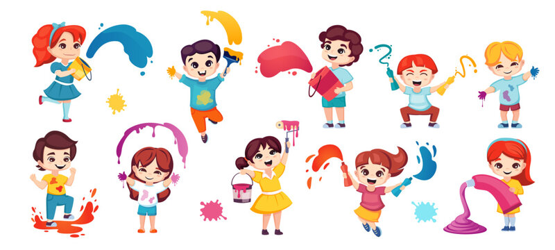 kids with paint. art school kindergarten entertainment, happy cute funny children with brushes and colours, drawing childhood concept. vector cartoon characters set.