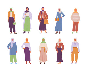 muslim hijab woman. Saudi people everyday outfit traditional ethnic turkish iranian outfit, cartoon minimalistic characters in hijab. vector cartoon characters concept.