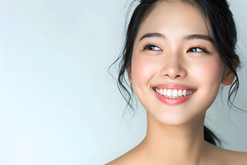 Young Asian woman close up portrait. Model woman laughing and smiling. Healthy face skin care beauty, skincare cosmetics, dental. - obrazy, fototapety, plakaty