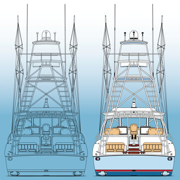 High quality back view fishing boat vector art illustration and line art Which printable on various materials