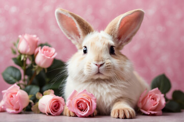 cute white bunny with pink roses in pink studio background, easter bunny